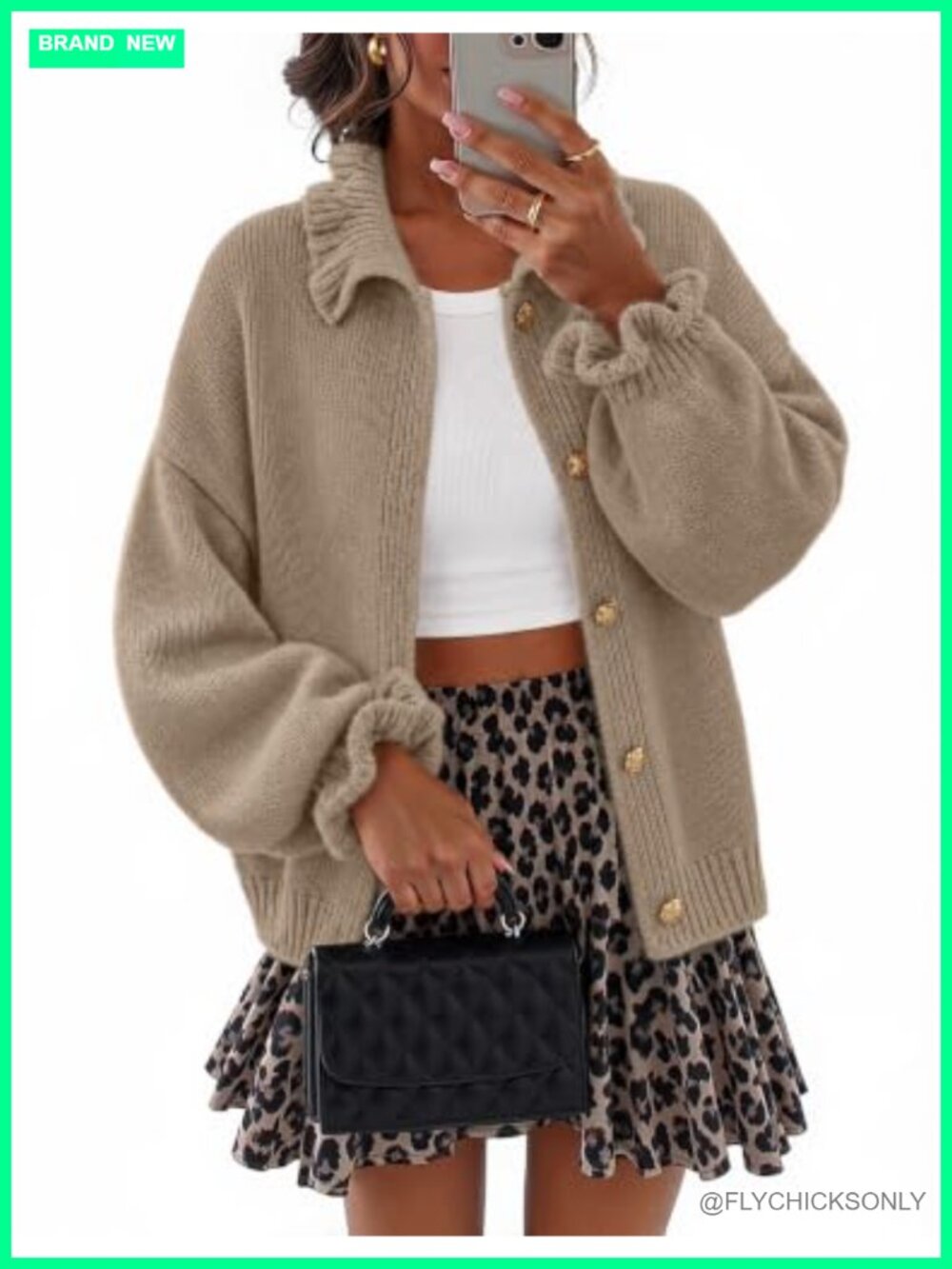 Chunky Knit Cardigan Button Down Ruffle Mock Neck Sweater